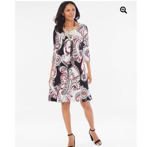 NWT Chicos paisley dress casual comfort travel black white red flattering boho